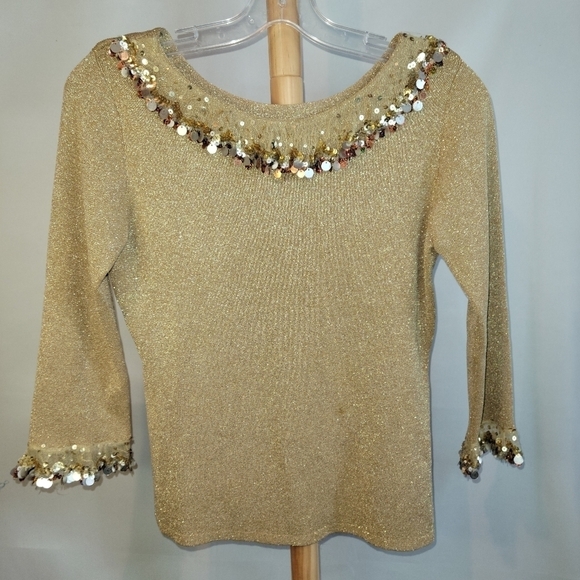 Vintage Joseph A.  Quest-ce que "est silk" gold top gold sequins Medium Sweater - Picture 2 of 7
